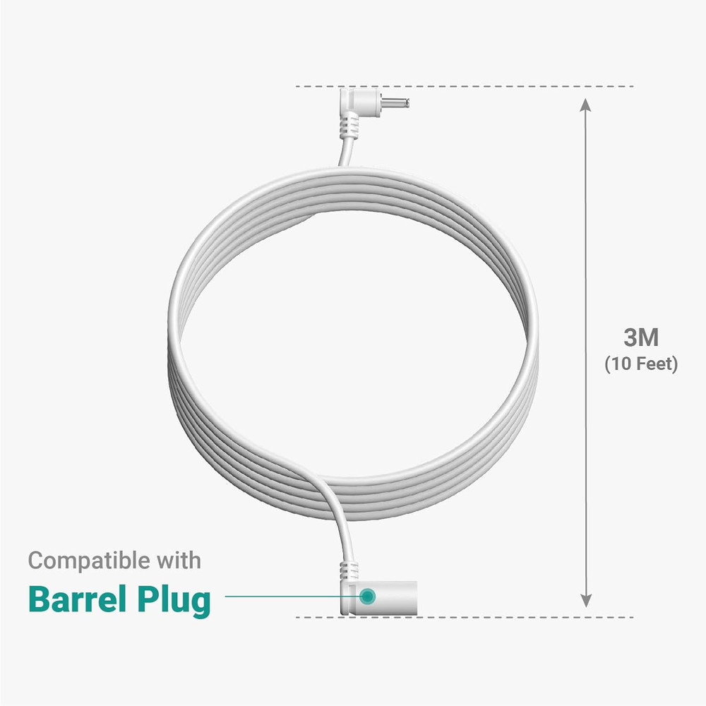 10 Ft. Barrel Plug Extension Cable - Compatible with Ring Solar Panel and Super