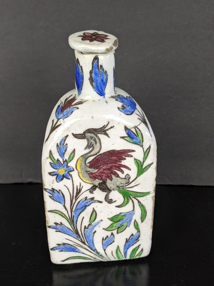 Antique Persian Qujar Pottery Bottle Tea Flask Floral Bird Pattern Triangular