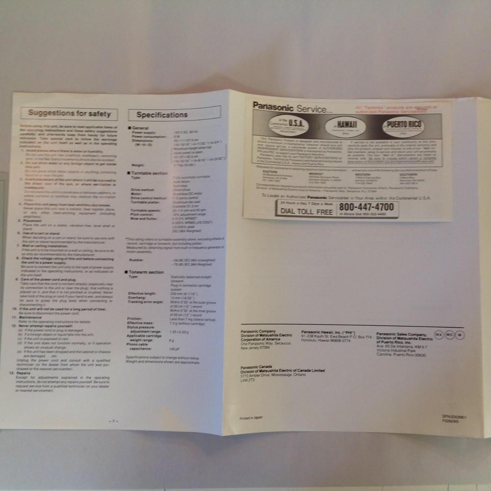 Vintage 1982 Technics Turntable System SL-D20 Operating Instructions Ephemera
