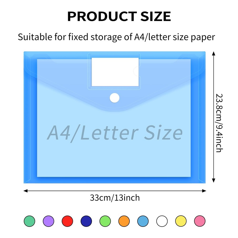 30 Pack 10 Color Plastic Envelopes Poly Envelopes, Hook & Loop Closure File F...