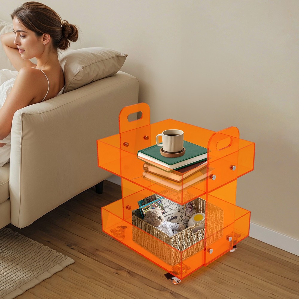 Orange Acrylic Side Table, Storage Rack with Wheels, Acrylic Bedside Table