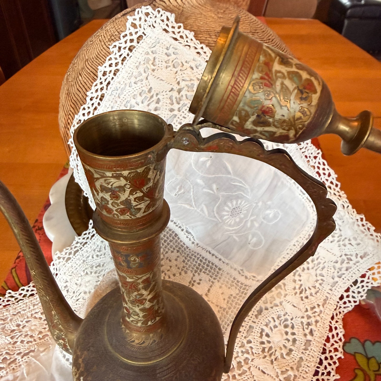 Vintage Etched Brass Oil Decanter Hinged Lid Made in India Water Floral Ornate