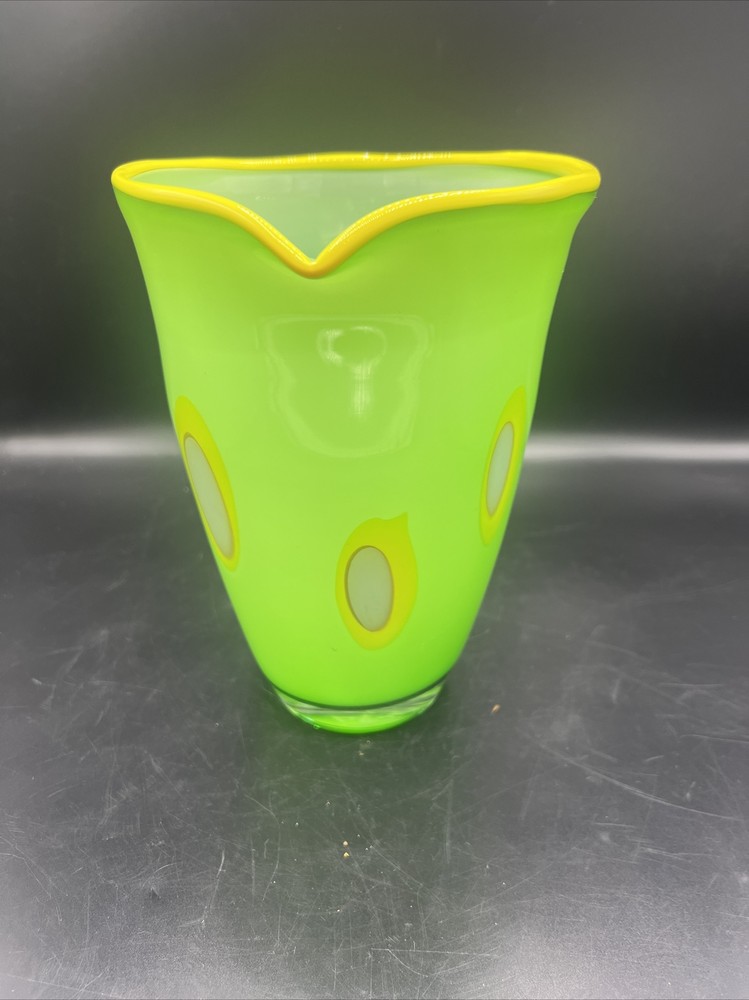 Art Glass Pitcher Hand Blown Lime Green with Applied Handle