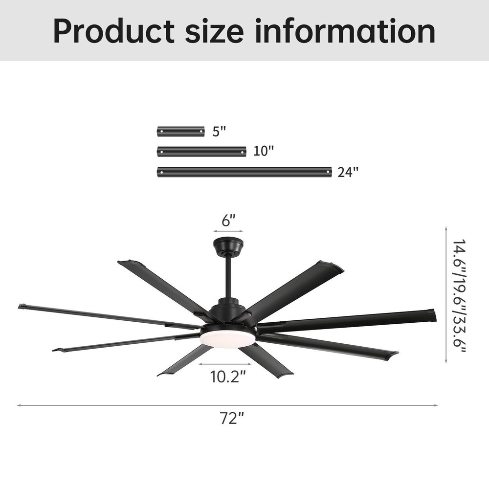 Sofucor 72'' Large Smart 8 Blades Ceiling Fan LED Light Remote Control Timer APP
