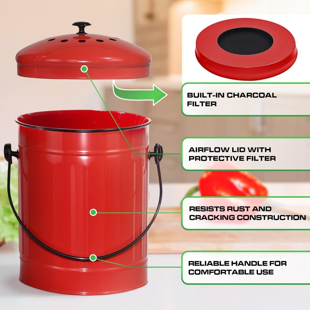 Countertop Compost Bin Kitchen W/ Lid Red 1.5 Gallon Odorless Compost Container