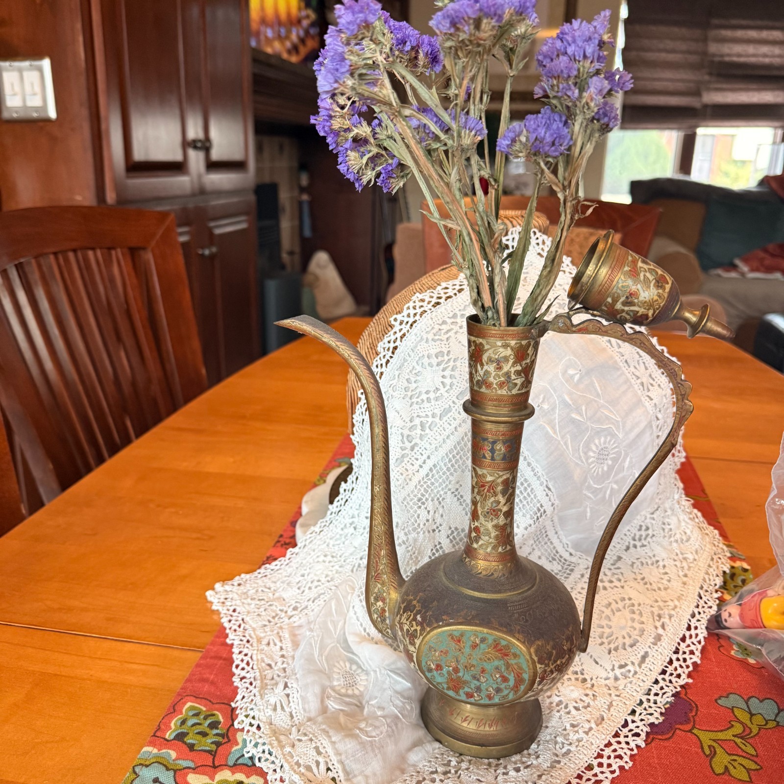 Vintage Etched Brass Oil Decanter Hinged Lid Made in India Water Floral Ornate