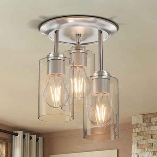 3-Lights Semi Flush Mount Ceiling Light Fixture, Farmhouse Light Silver