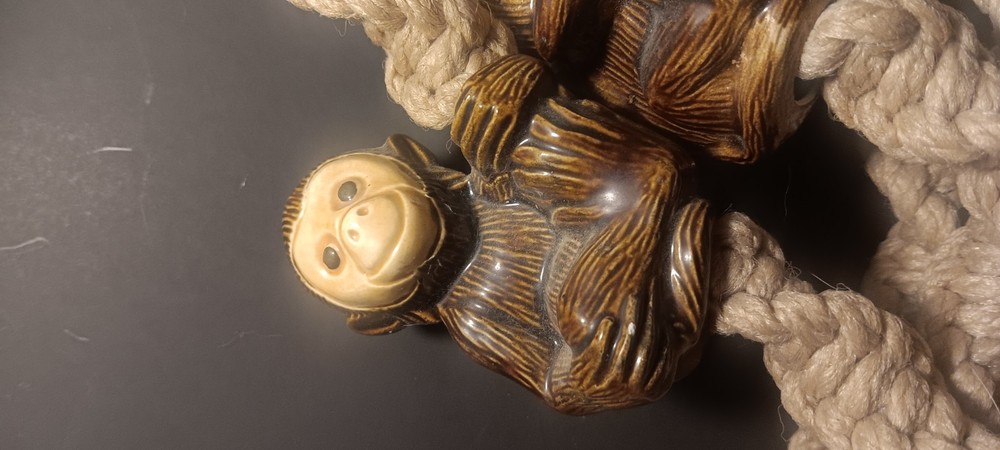 Vintage Boho Brown Macrame Ceramic Monkey Bead Hanging Plant Holder