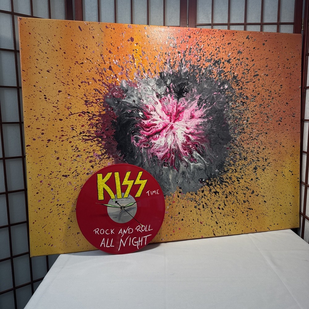 Kiss Art Hand Made Vinyl Record Clock Acrylic Painting Rock And Roll All Night