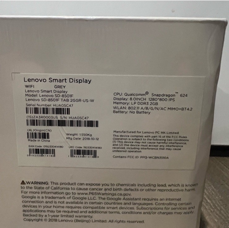 Lenovo SD-8501F Grey Smart Display 8" Google Assistant Wi-Fi Bluetooth