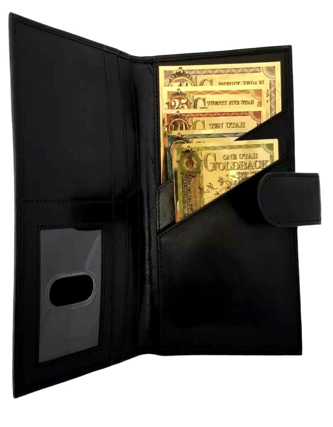 GOLDBACK BLACK LEATHER WALLET - HOLDS 1,5,10,25,50 GOLDBACK GOLD NOTES BACKORDE