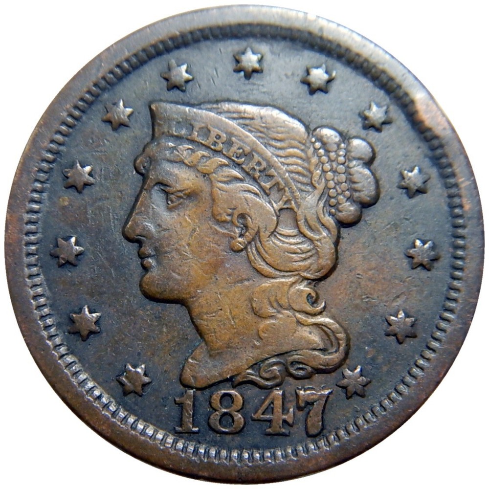 Large cent/penny 1847/7 repunched date Newcomb 2