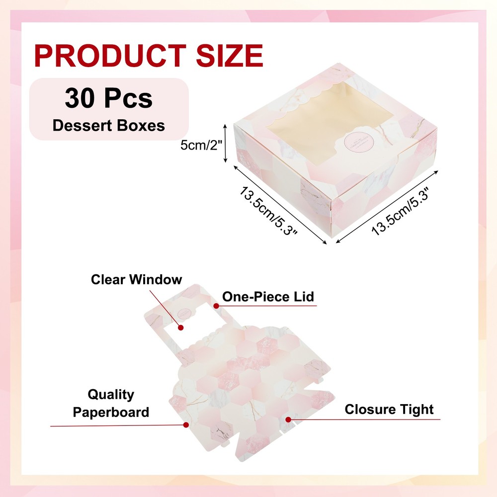 5.3 x 5.3 x 2" Pink Marble Bakery Boxes, 30 Pack