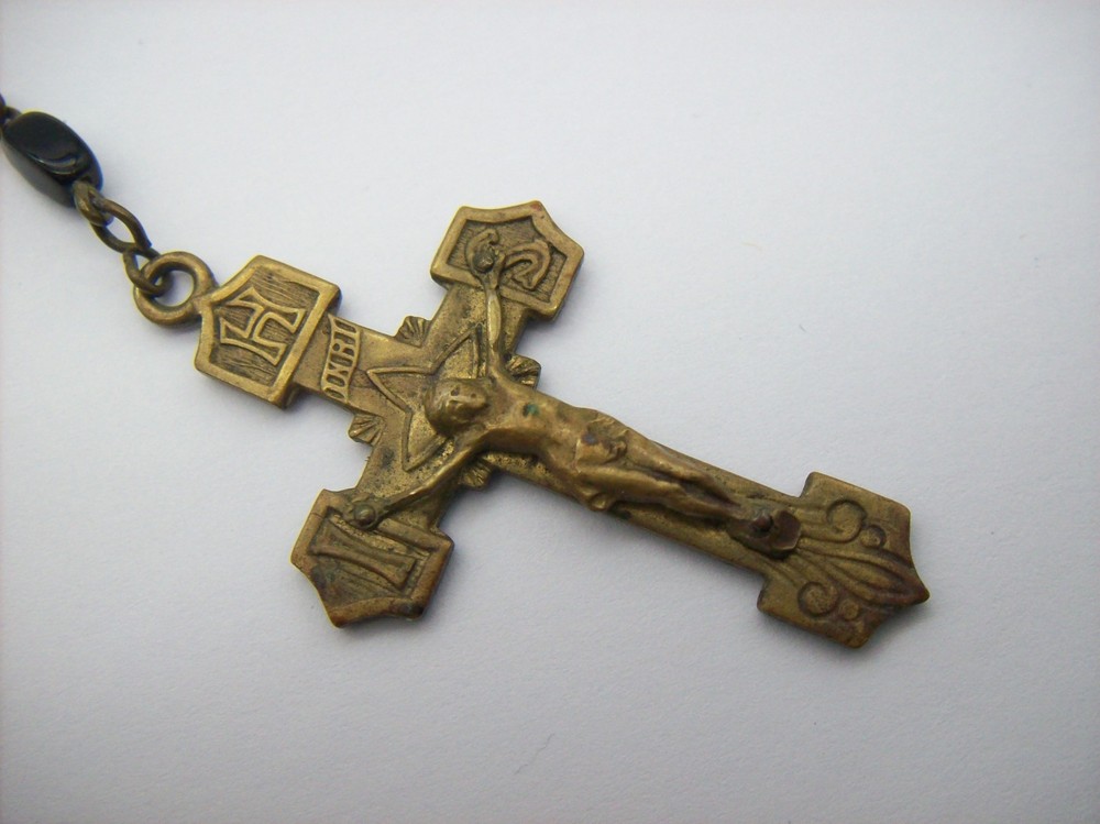 Vintage Catholic Rosary Black Beads Brass Crucifix Made in Czechoslovakia