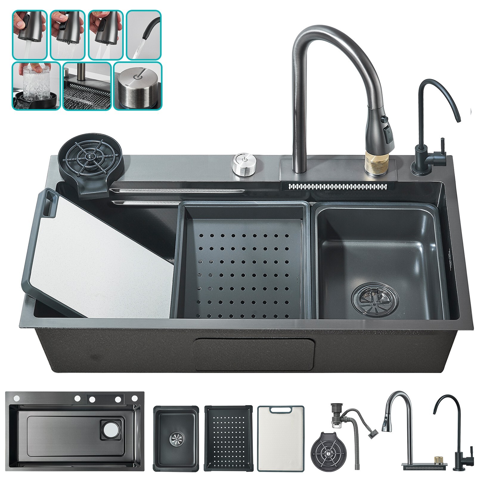 31.5" Flying Rain Stainless Steel Waterfall Kitchen Sink with Faucet Single Bowl