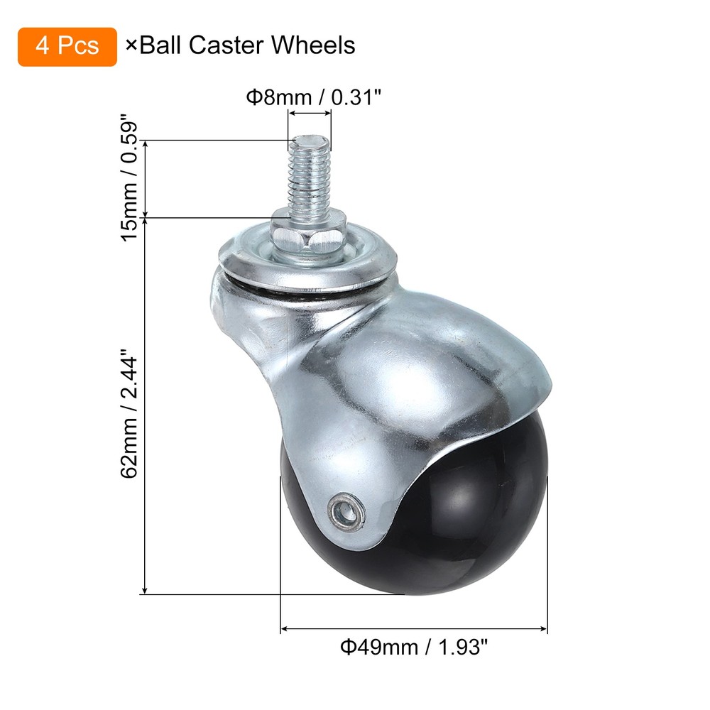 2 Inch Ball Caster Wheels, 4pcs Threaded Stem Caster, Silver Tone