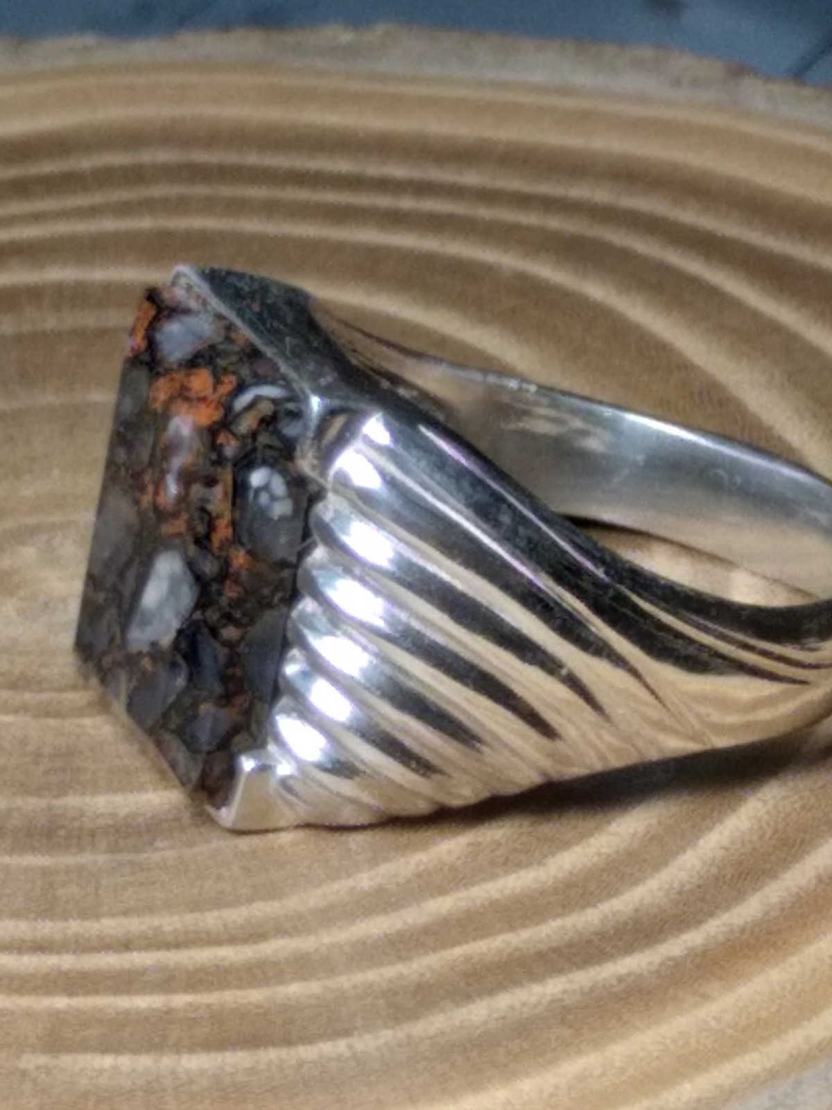 EXQUISITE COLORADO HIGHLY AGATIZED DINOSAUR BONE STERLING RING