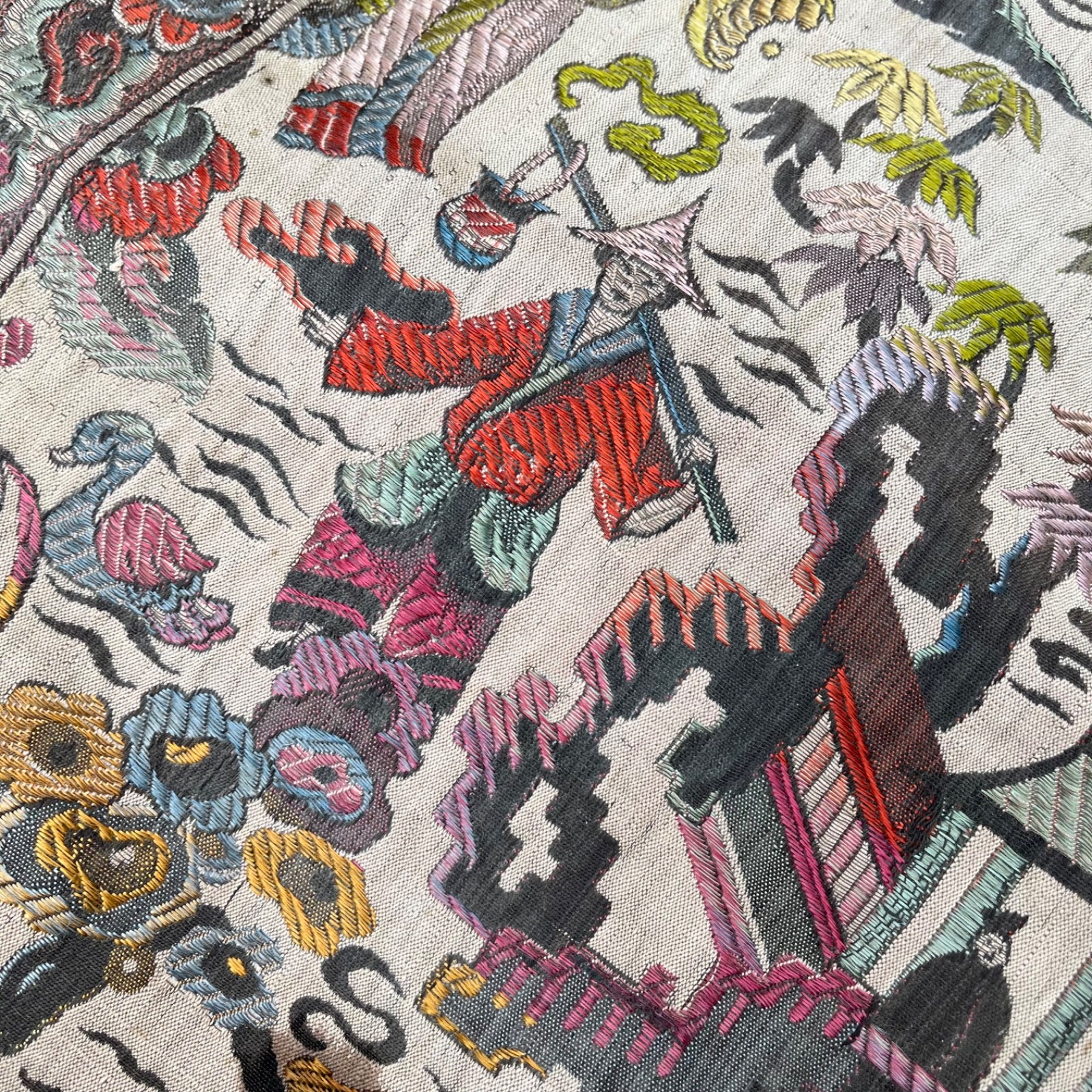 Vintage Asian Silk Hand Embroidered Textile 48 x 17 Panel Runner Pagoda Scene