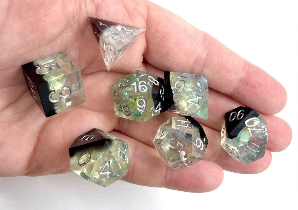 Black & Green Sharp Edge Resin Polyhedral D&D TTRPG Dungeons & Dragons Dice Set