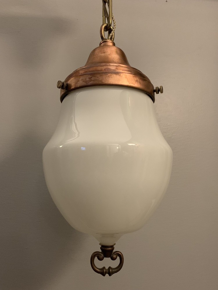 21" Brass Copper Pendant Light Milk White Globe Nice! 51F