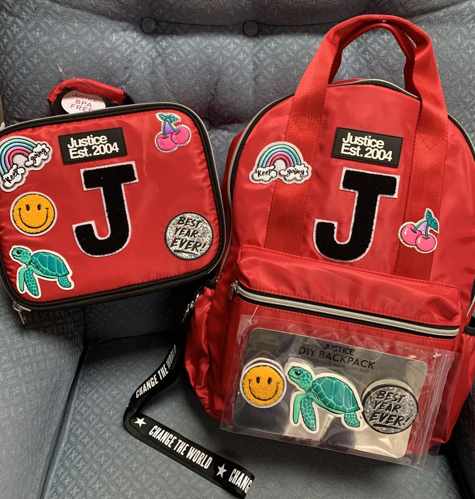 JUSTICE RED BACKPACK/LUNCHBOX/LANYARD INITIAL (E,J) PATCHES DIY SUPER CUTE!!