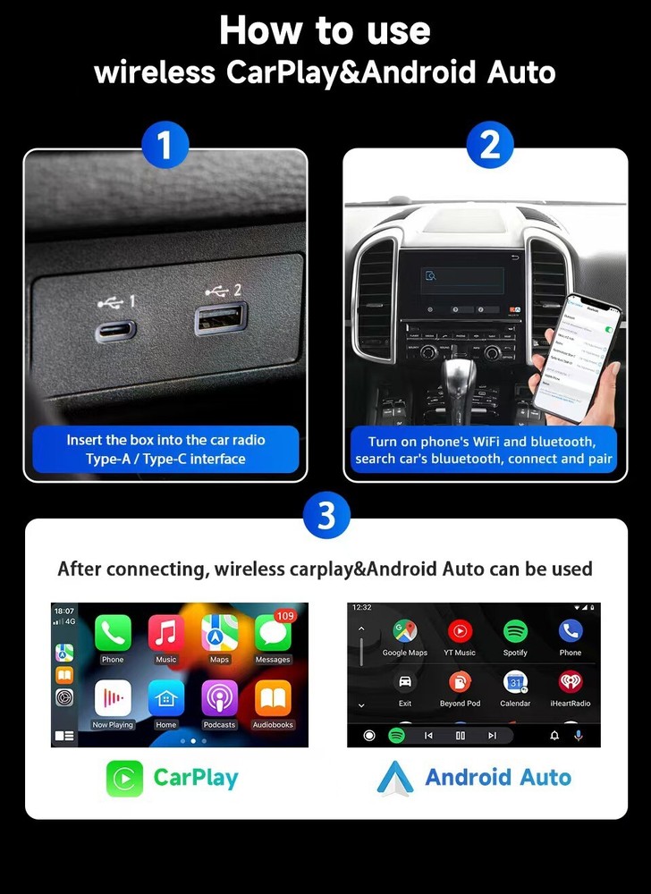 2-in-1 Wired to Wireless CarPlay Adapter /Android Auto Adapter Plug & Play US