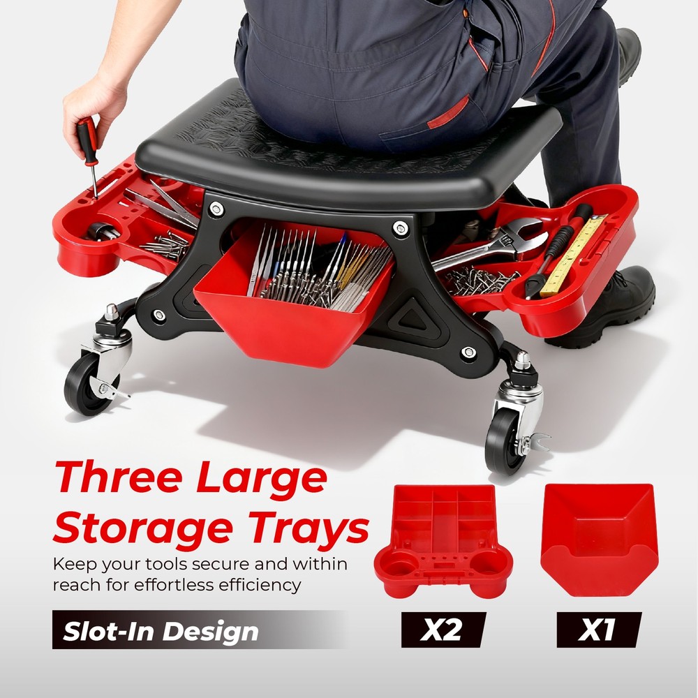 Mechanic Stool Creeper Seat 300lb Rolling Shop Stool with Tool Trays