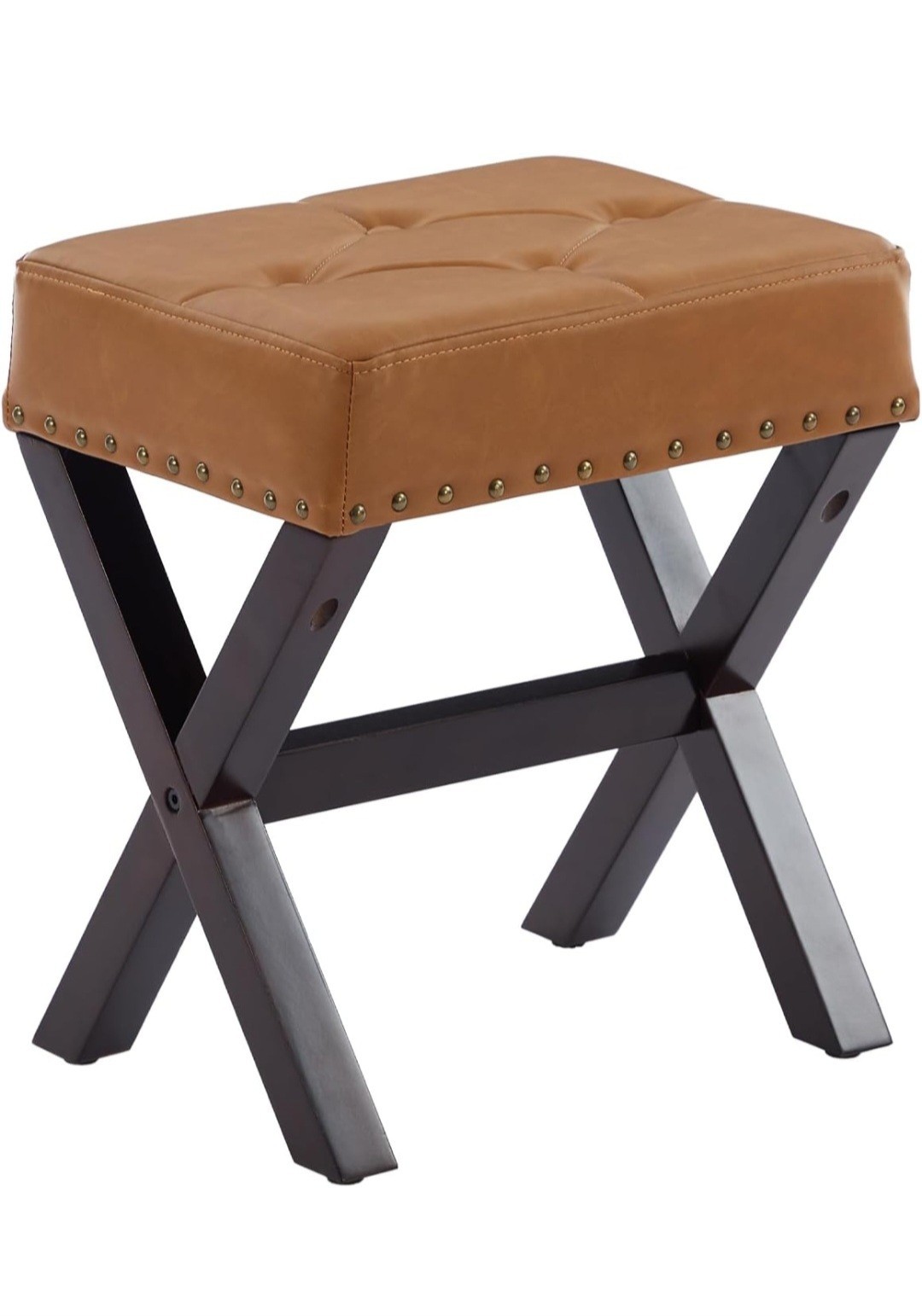 Square Makeup Stool with Rivets Wood X-Legs,Modern Vanity Ottoman Chair