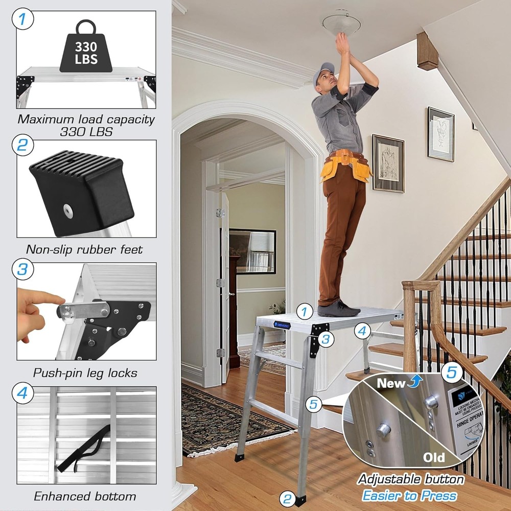 Adjustable Work Platform, (39.4" X 18.5") Portable Folding Aluminum Step Ladder