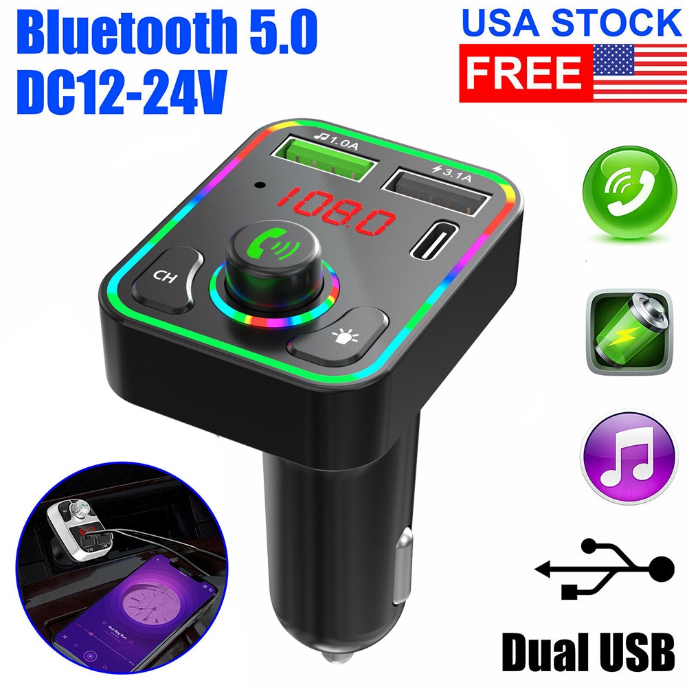 2x Bluetooth 5.0 Car Wireless FM Transmitter Adapter 2USB PD Char AUX Hands-Free