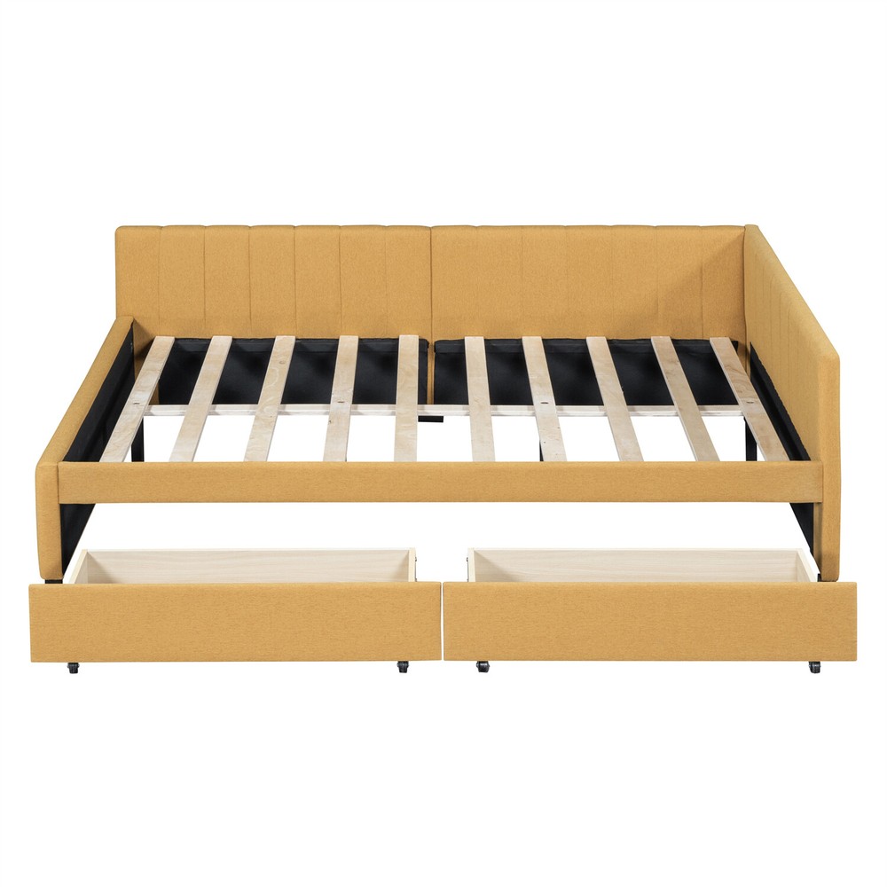 Full Size Daybed Upholstered Bed Frame Sofa Bed with 2 Storage Drawer Yellow
