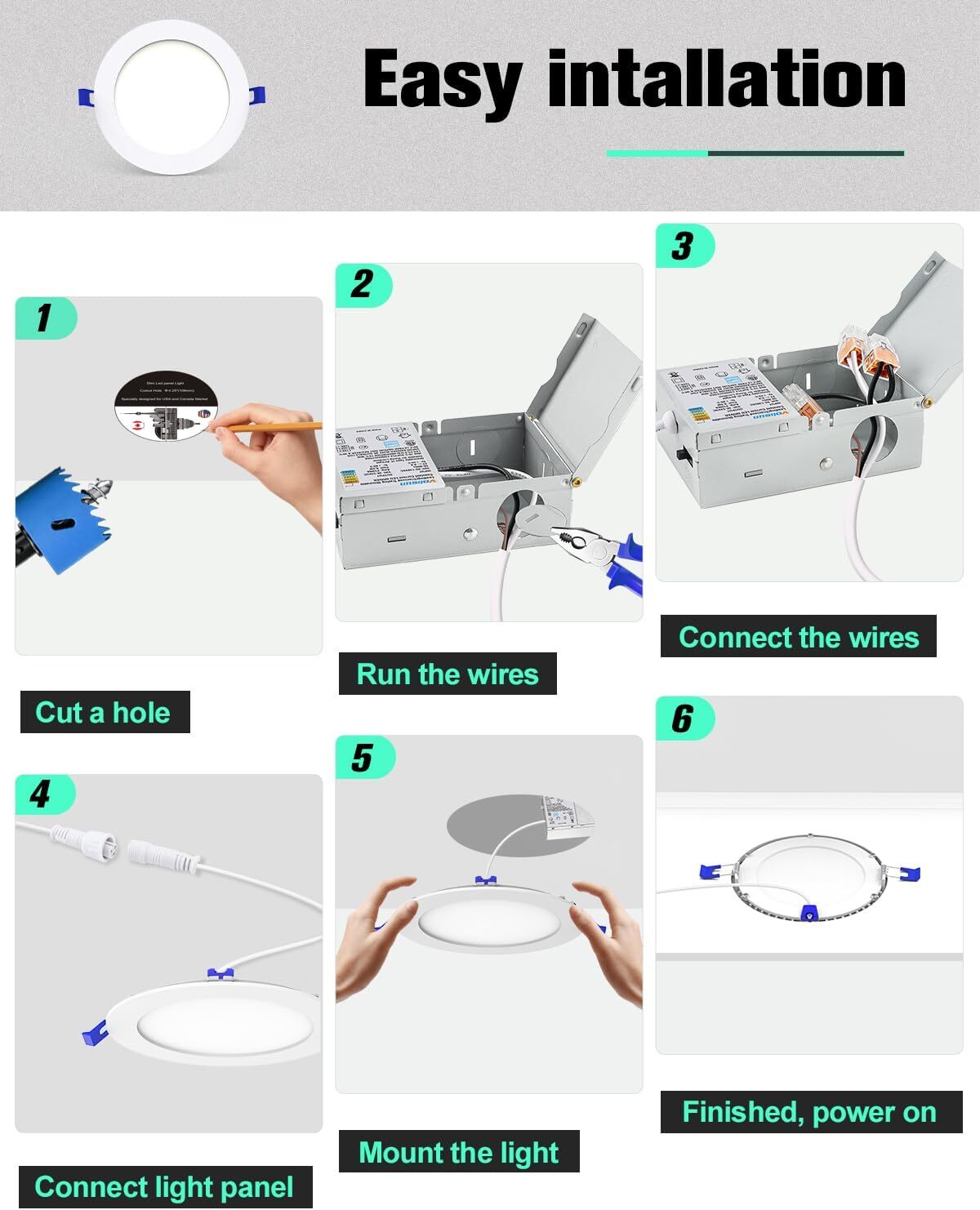6 Inch 5CCT LED Recessed Ceiling Dimmable Light with Junction Box 2700K-5000K
