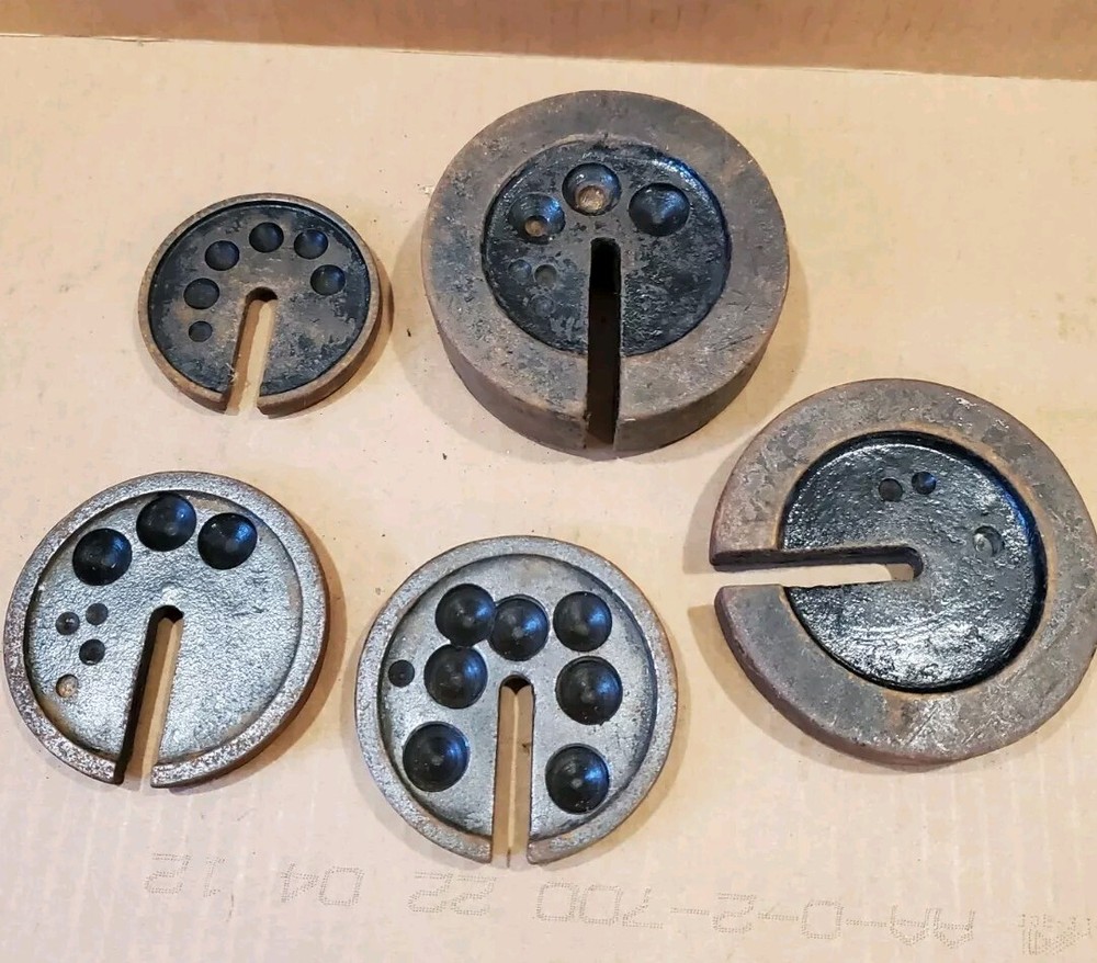 5 Vintage Rustic Cast Iron Platform Scale Weights & Hanger