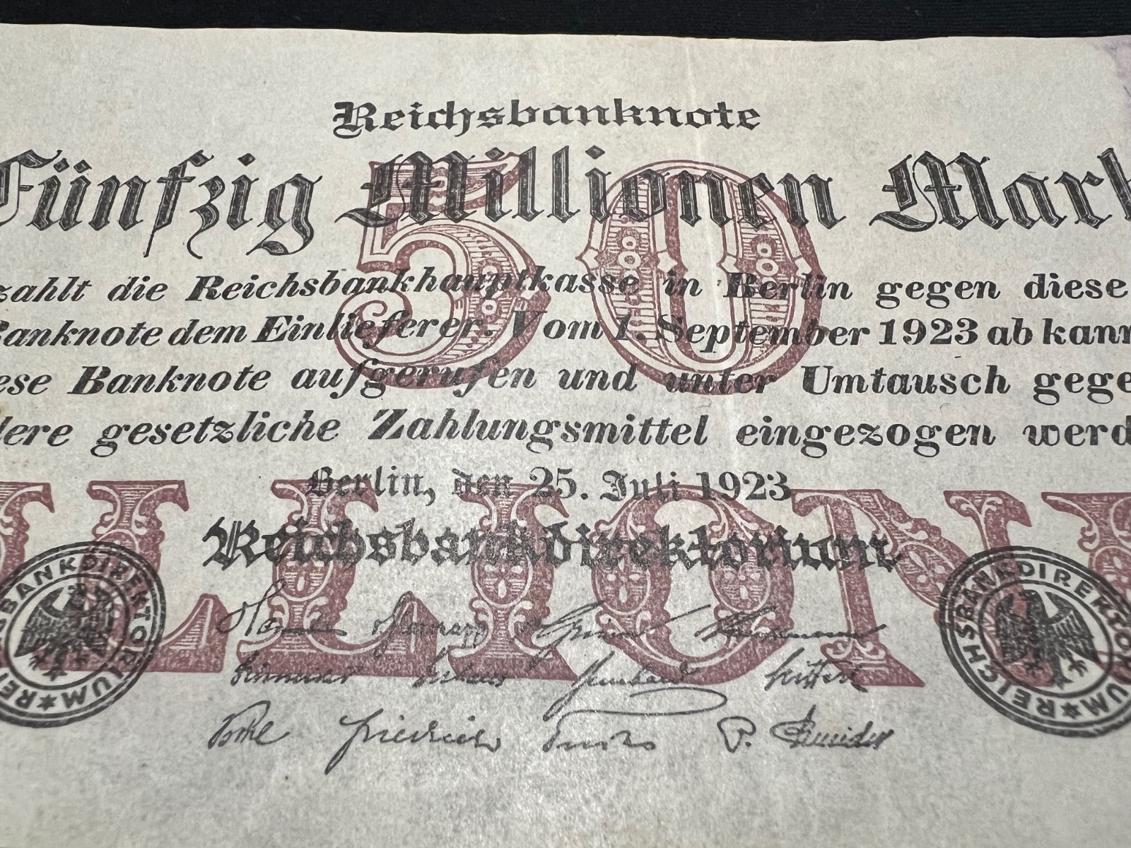 1923 German 50 Million Mark Banknote Post WW1 World Paper Money Hyperinflation