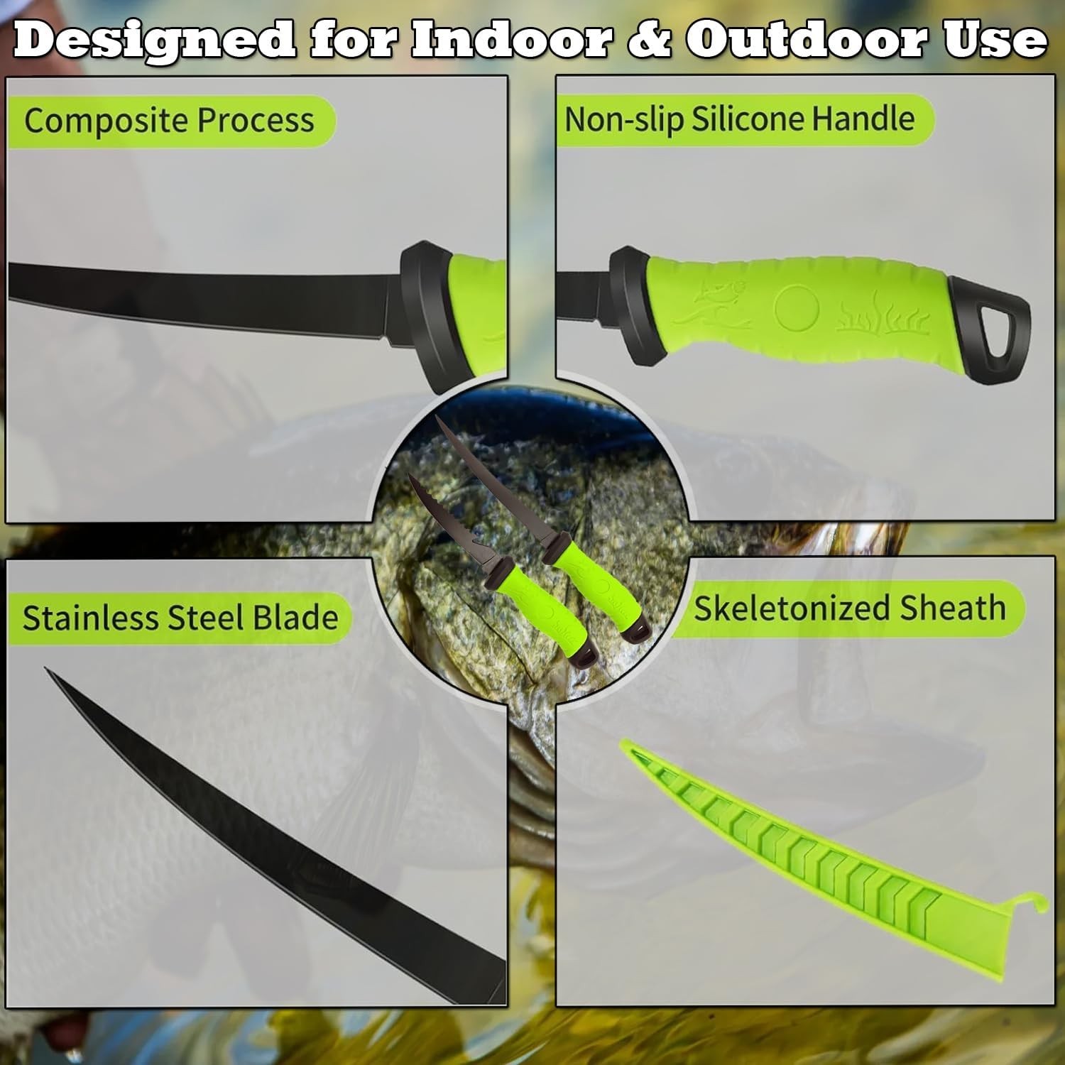 Fish Fillet Knife Set w/ Stainless Steel Bone Knife Sheath, Sharpener & Gloves