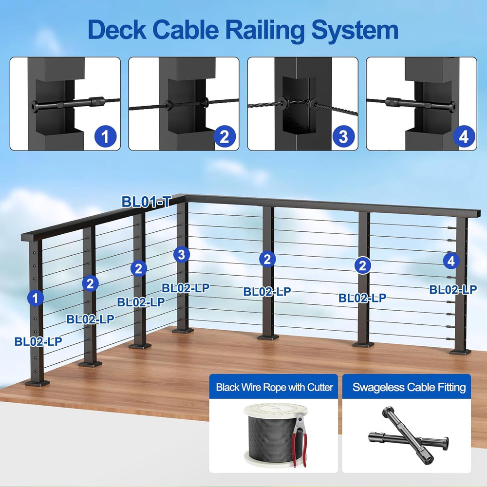36" Cable Railing Post Kit, 8FT-16FT, Black, Swageless System, 200FT Cable
