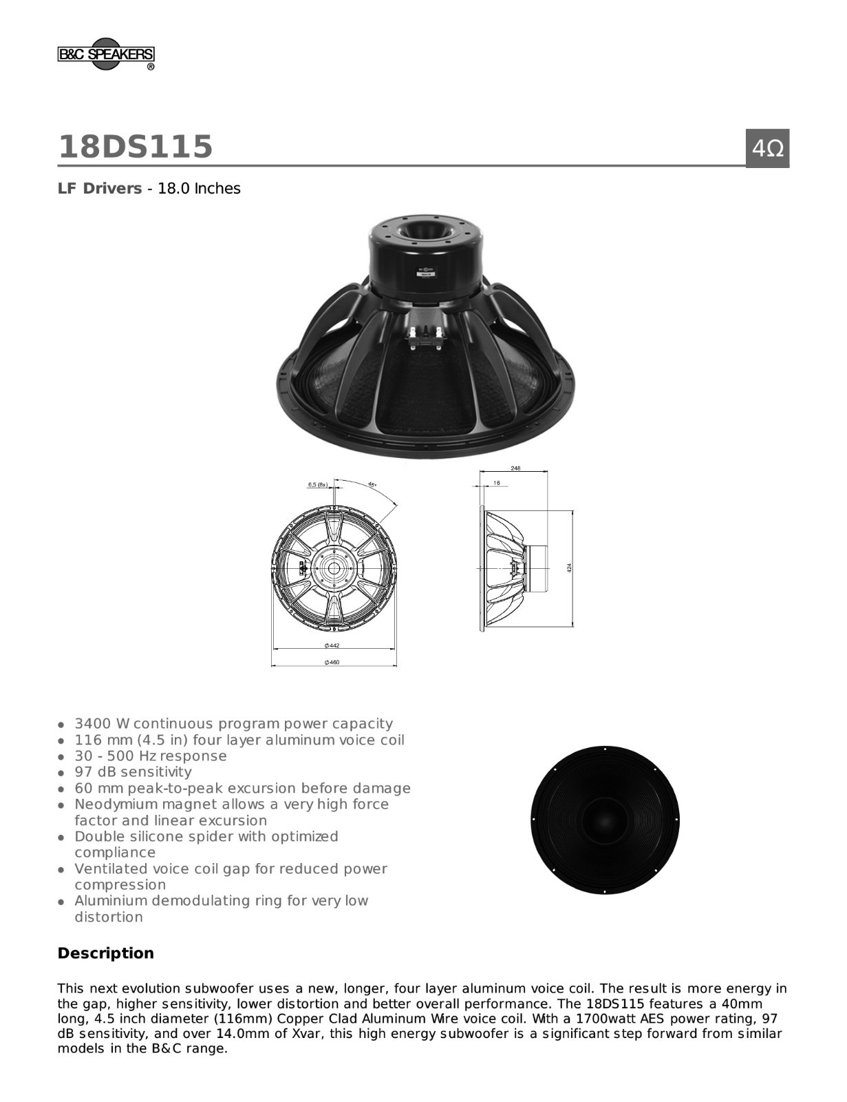 2x B&C 18DS115-4 18" Neodymium Subwoofer Speaker 3400W 4-Ohm Bass Sub 35-500 Hz
