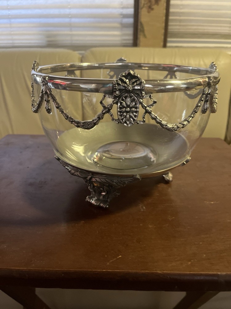 decorative silver-plate-mounted glass bowl with a separate pedestal/base ring