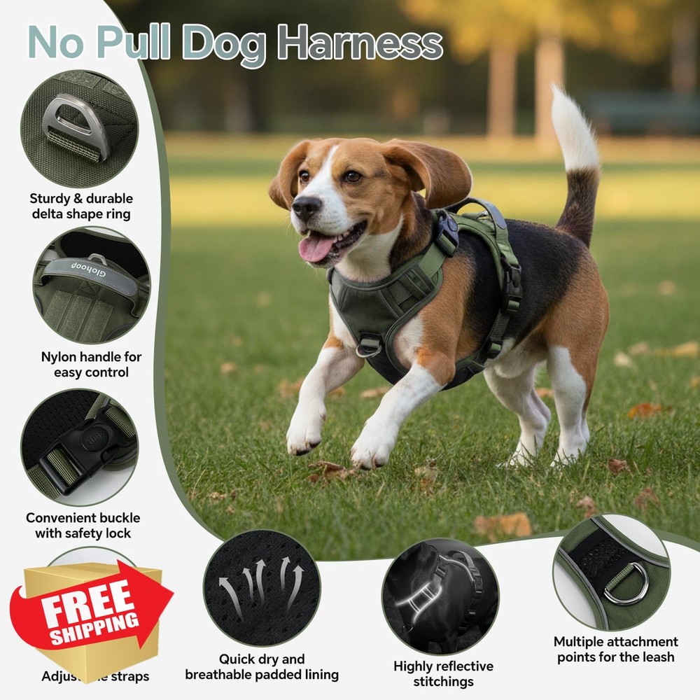 Tactical Dog Harness Green No Pull Vest Handle Front Clip Padded