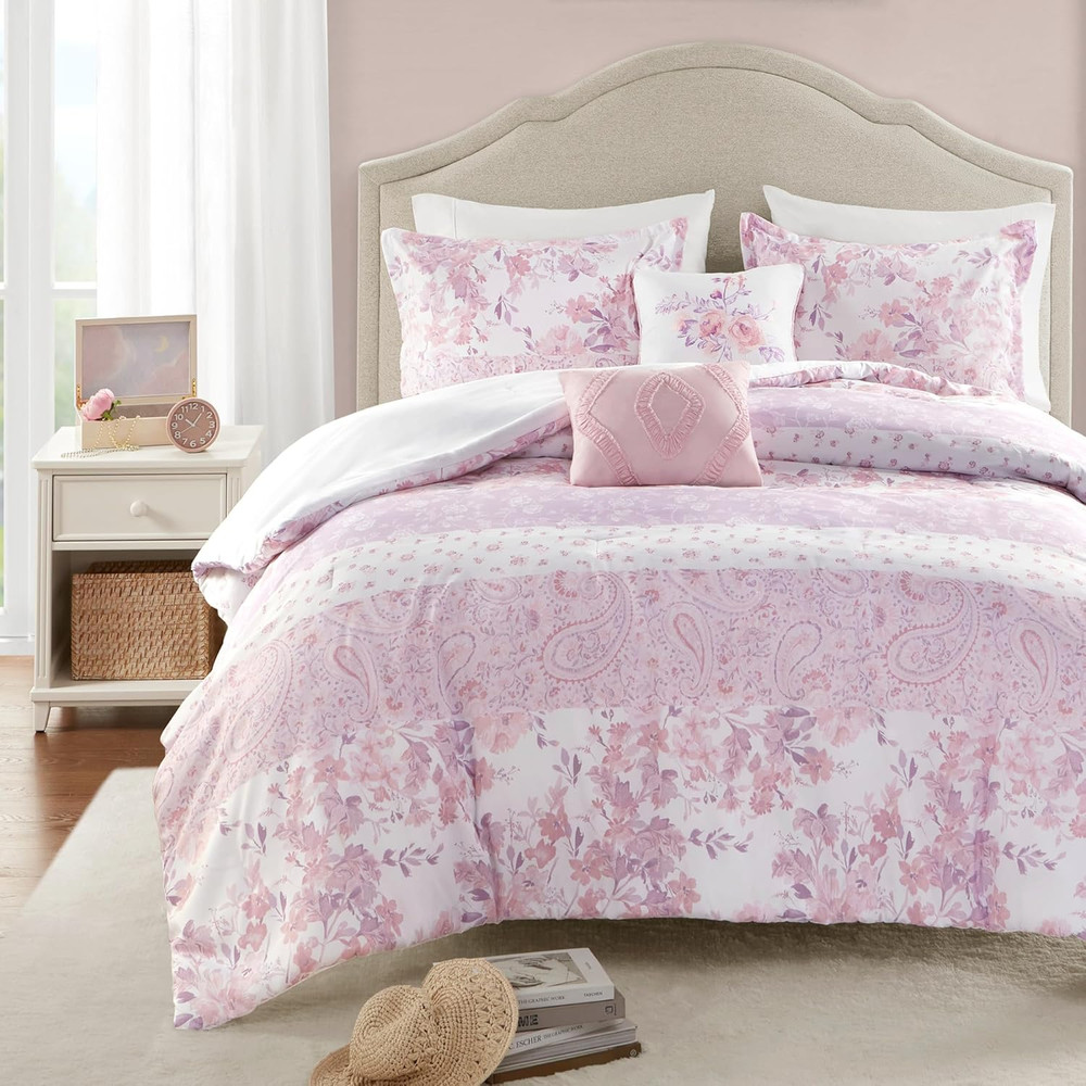Queen Comforter Set, Romantic Floral & Paisley, Solid Reverse, Microfiber Lightw