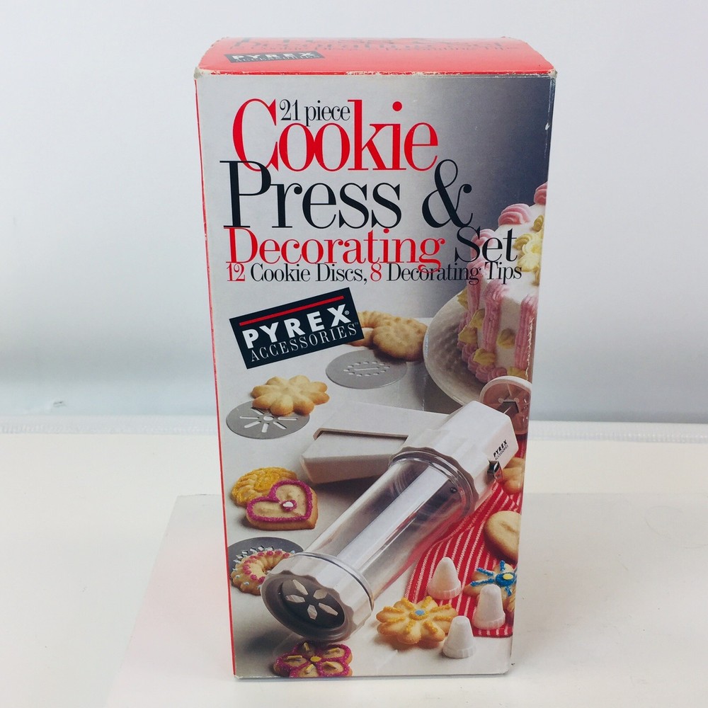21 Piece Cookie Press And Decorating Set Pyrex All tips and discs