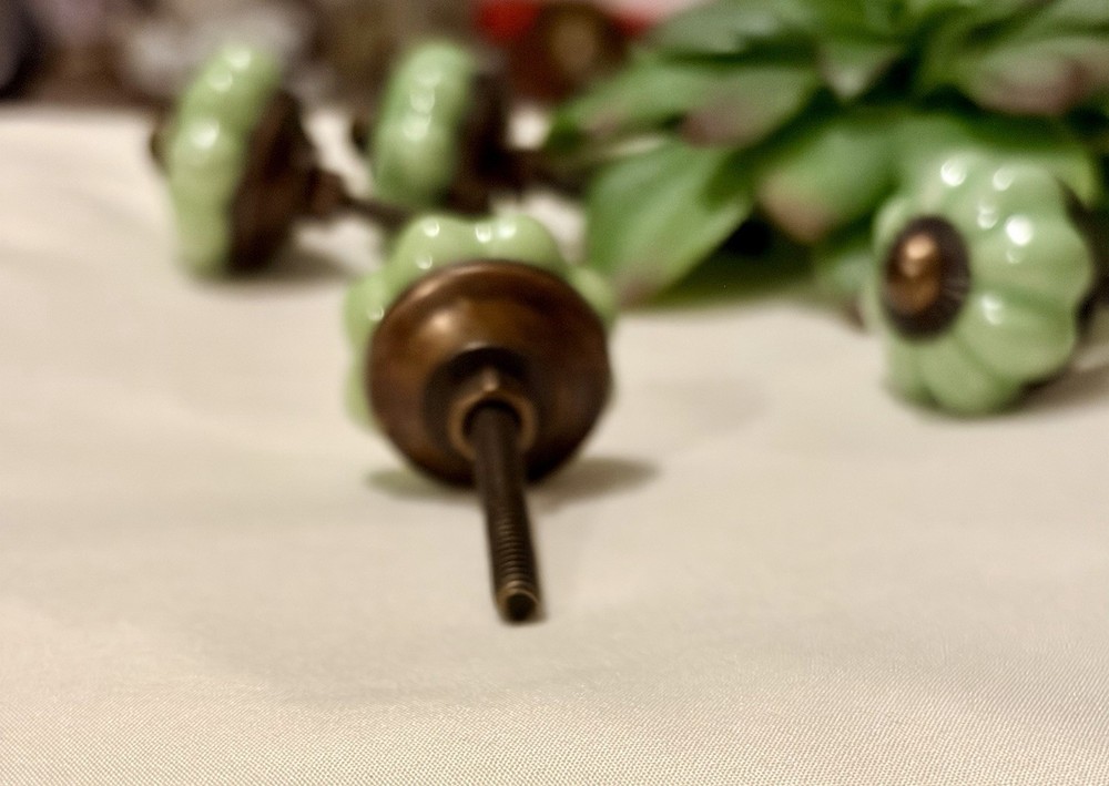 4 Light Green Ceramic Melon Knobs Antique Vintage Green Drawer Pulls