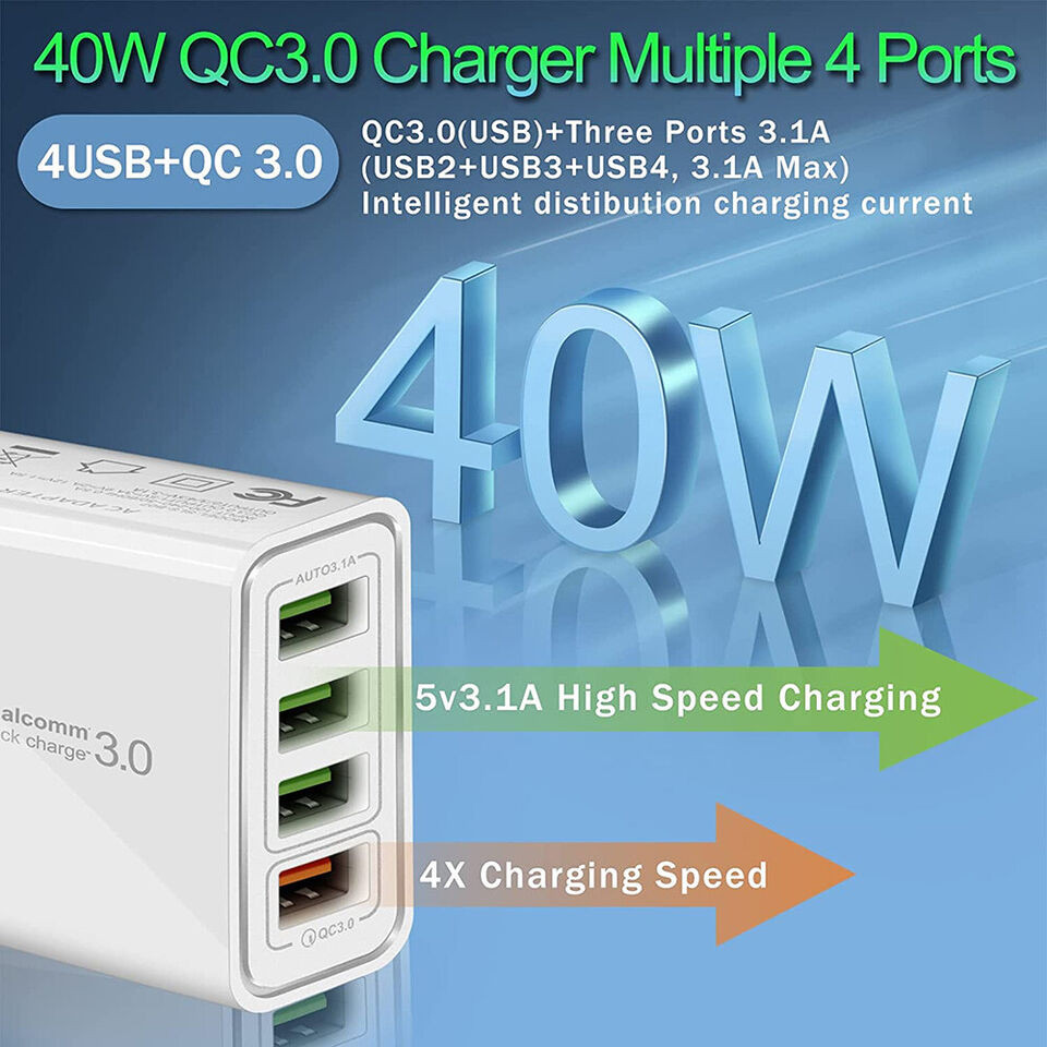 QC 3.0 4-Port USB Wall Charger Power Adapter, New, Free Shipping