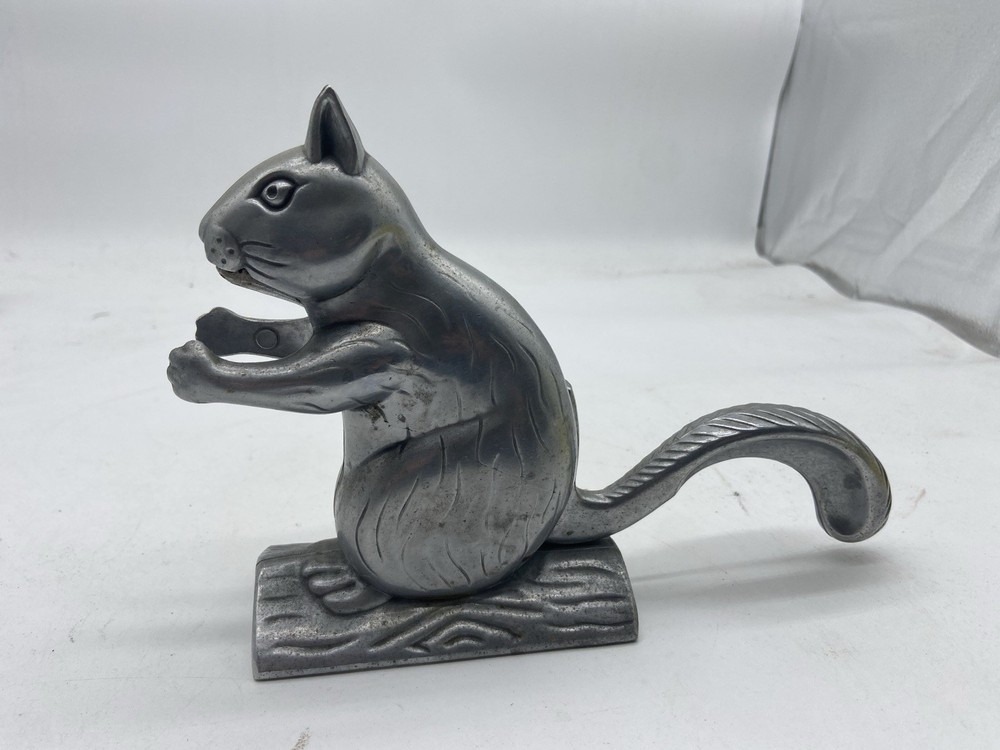 Vintage Aluminum Metal Squirrel on Log Nutcracker