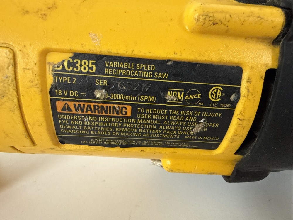 DeWalt DC385 18V Type 2 Variable Speed Reciprocating Saw Bare Tool ONLY Tested