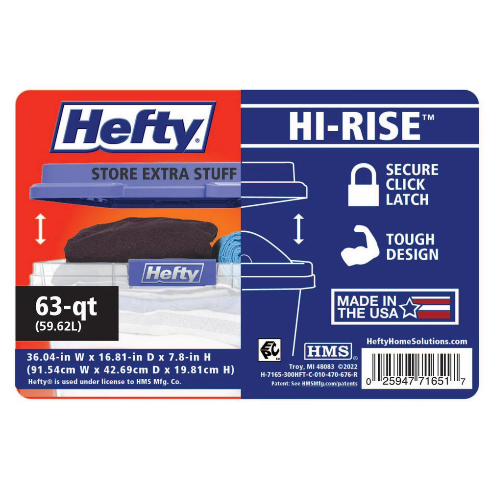 (4 pack) Hefty HI-RISE 63 Quart Large Latching Storage Bin, Clear Plastic, Blue