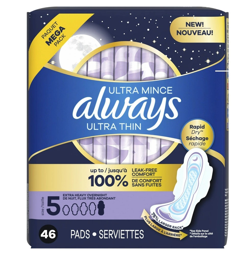 Ultra Thin Overnight Pads with Wings, Size 5, Extra Heavy Absorbency, 46 Count