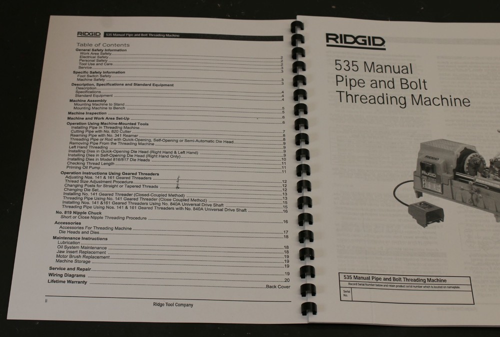 Ridgid Model 535 Pipe & Bolt Threader Machine Operator's Manual Pipe Plumbing