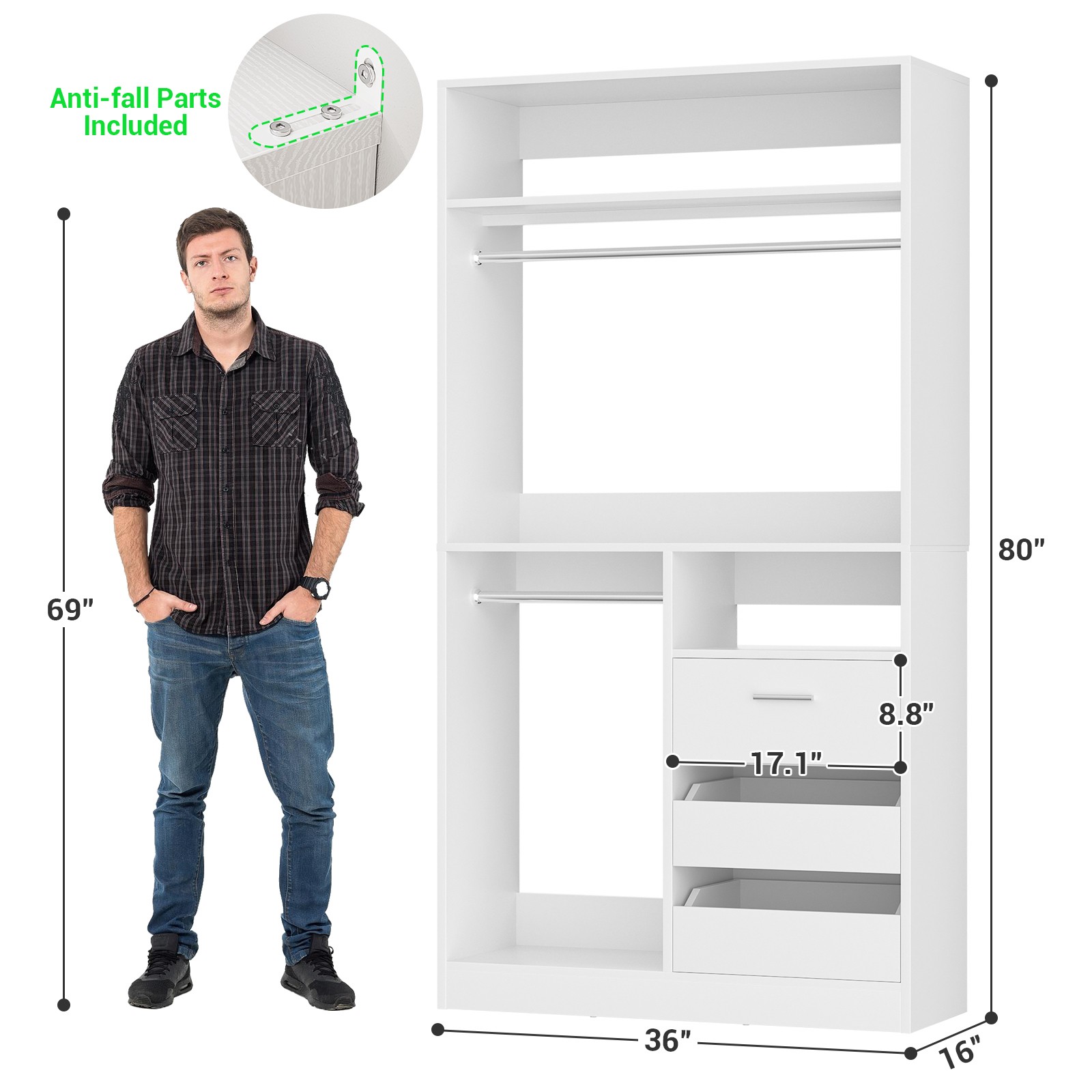 Multi-Functional 36" Closet System W/ 3 Drawers & 2 Hanging Rods,Shoes Storage