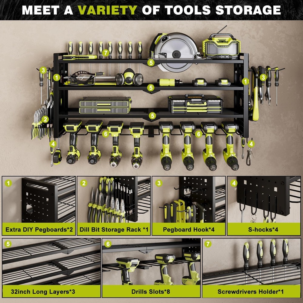 Power Tool Organizer Wall Mount,Cordless Drill Organizer,4 Layers Large Capac...